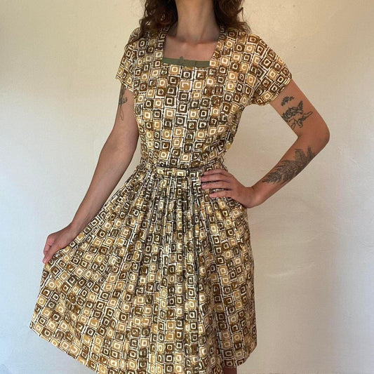1950s nylon yellow and brown geometric square patterned fit and flare dress