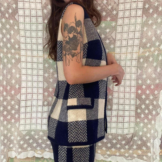 1960s Koret of California wool gingham navy and white plaid two piece set
