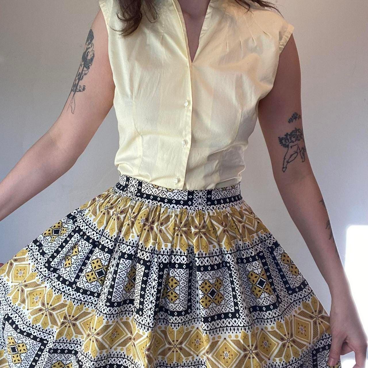 1950s cotton yellow and black folk art printed circle skirt