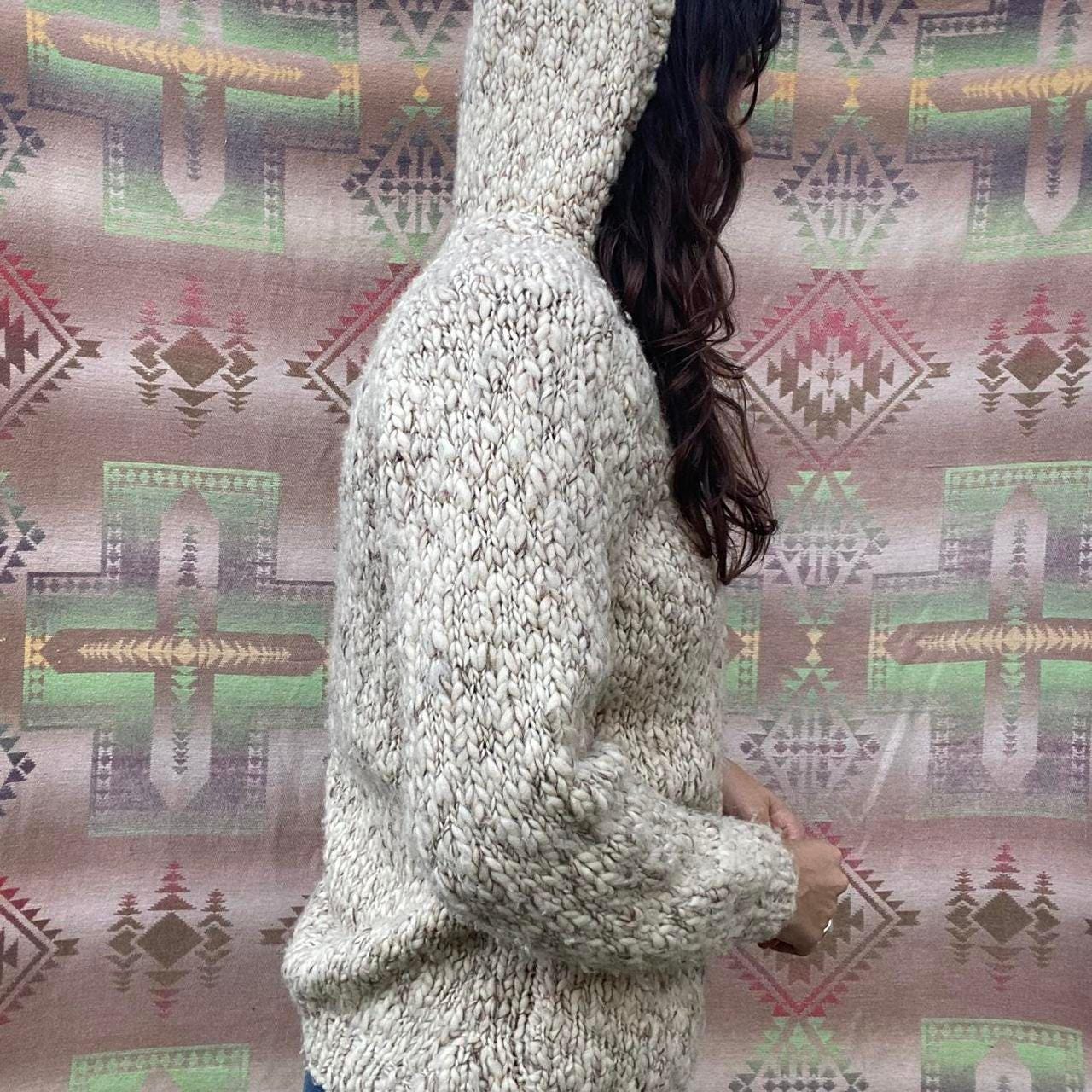 1970s handmade vintage wool knit cardigan with hood