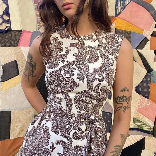 1950s/60s rayon seersucker brown paisley mini midi dress