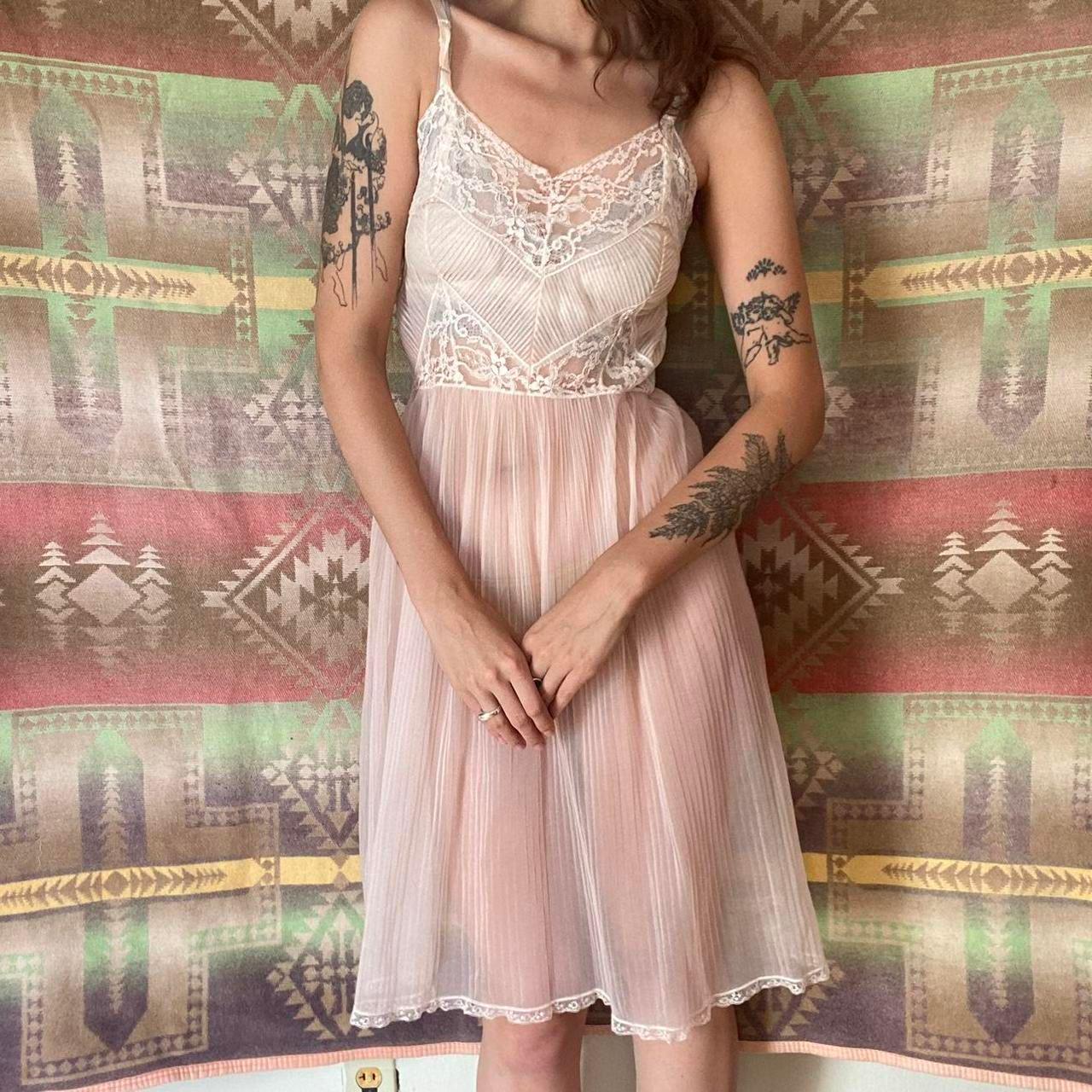 1960s sheer light pink pleated nylon and lace slip dress