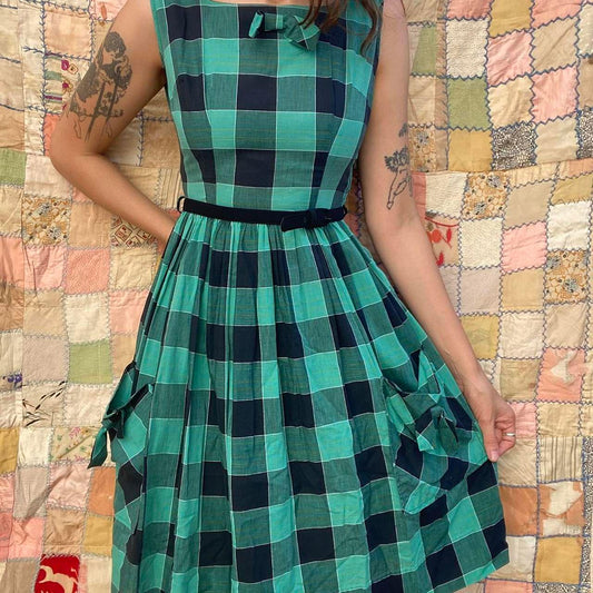 1950s cotton plaid mini fit and flare dress