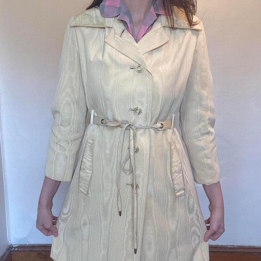 1960s union made butter yellow moire rayon trench coat and pleats on the back