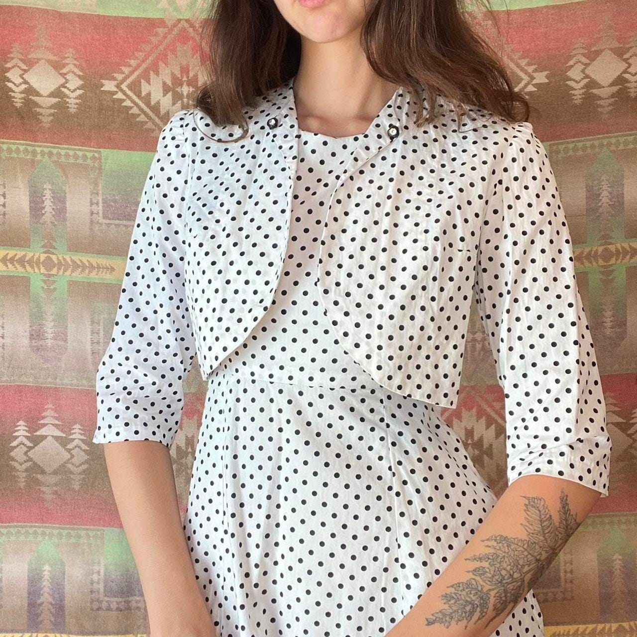 1950s vintage cotton mini flare polka dot dress with matching little jacket