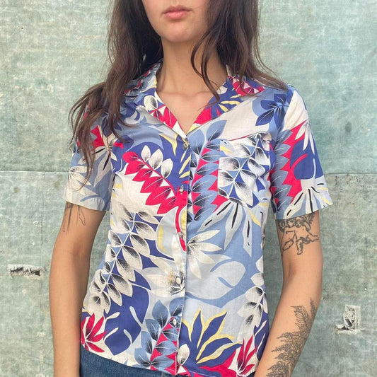 1970s cotton blue floral button up blouse