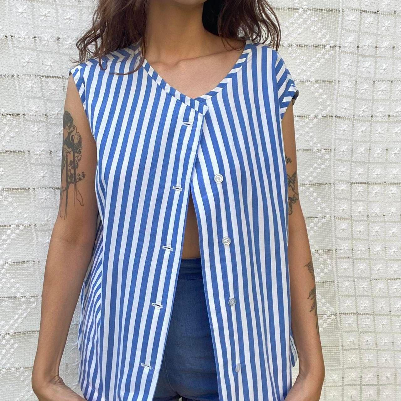 1950s cotton blue and white striped button up tank top