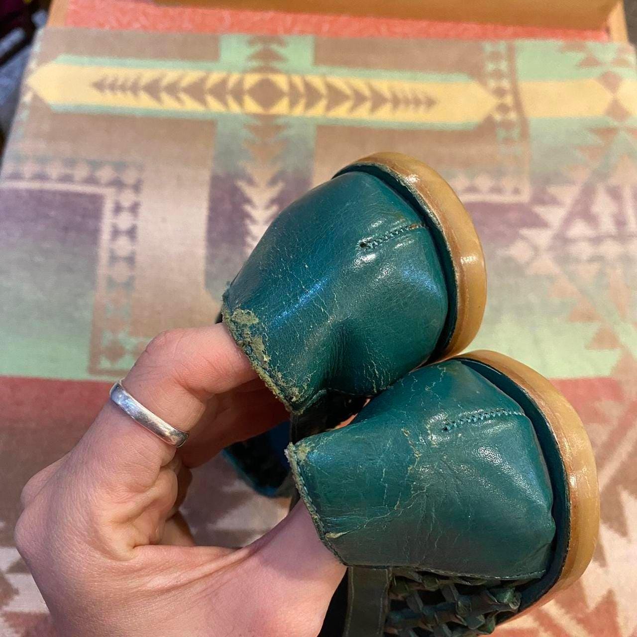 1970s green leather woven loafers