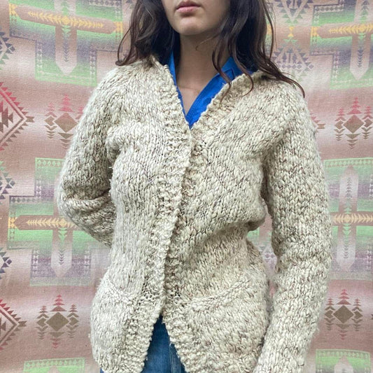 1970s handmade vintage wool knit cardigan with hood