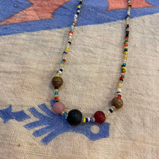 vintage handmade kitschy beaded folk necklace with safety pin closure