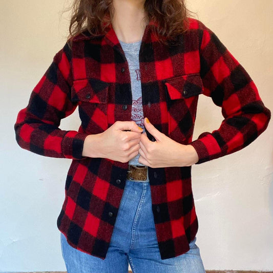 1960s wool black and red buffalo plaid shacket