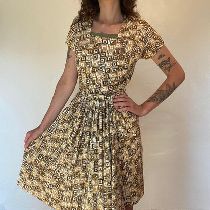 1950s nylon yellow and brown geometric square patterned fit and flare dress