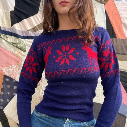 1950s vintage blue and red moose wool picture knit