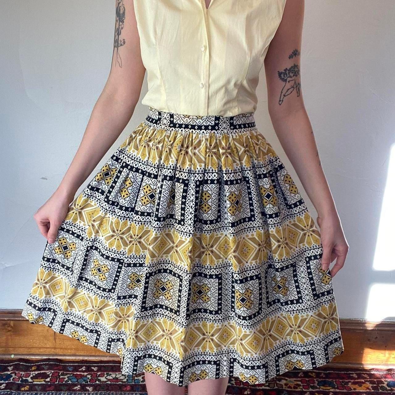 1950s cotton yellow and black folk art printed circle skirt