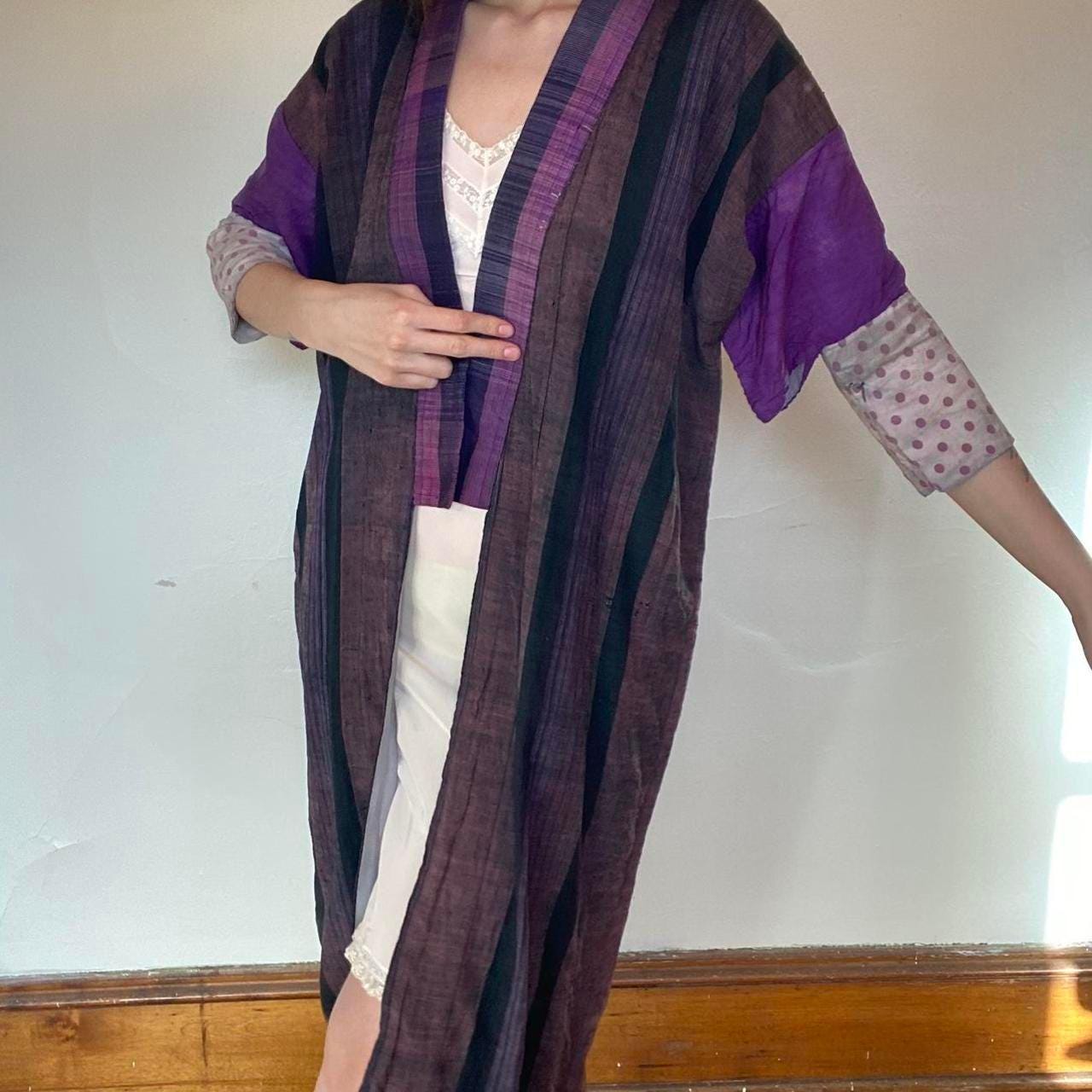 1930s antique purple woven silk and cotton kimono
