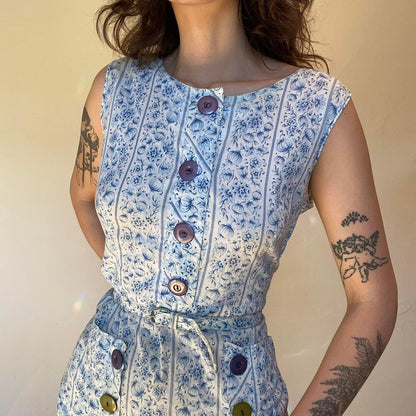 1940s/50s blue and white cotton paisley shirtwaist dress