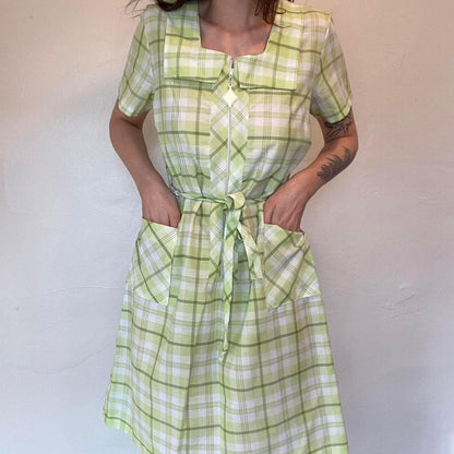 1960s vintage mod light green plaid a-line mini dress polyester/cotton blend