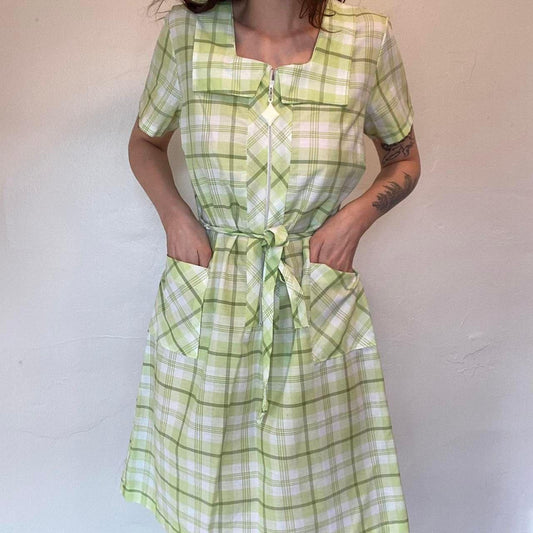 1960s vintage mod light green plaid a-line mini dress polyester/cotton blend