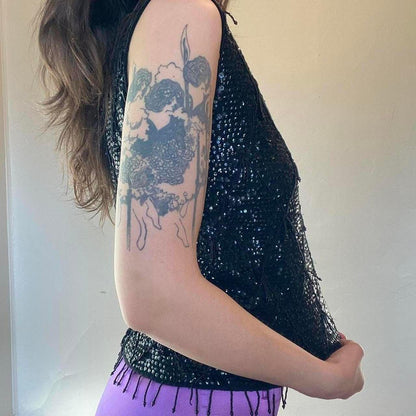 1960s vintage black sequin and fringe tank top