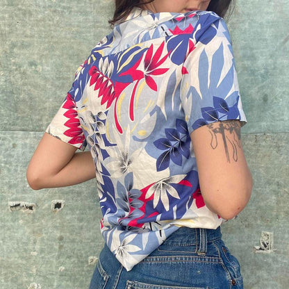 1970s cotton blue floral button up blouse