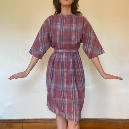 1970s Ann Stevens New York purple plaid linen 2 piece set