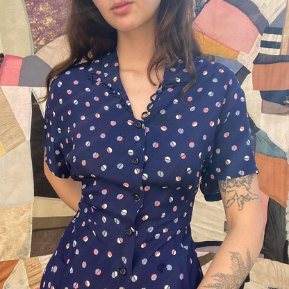 1940s rayon polka dot printed button up shirt dress