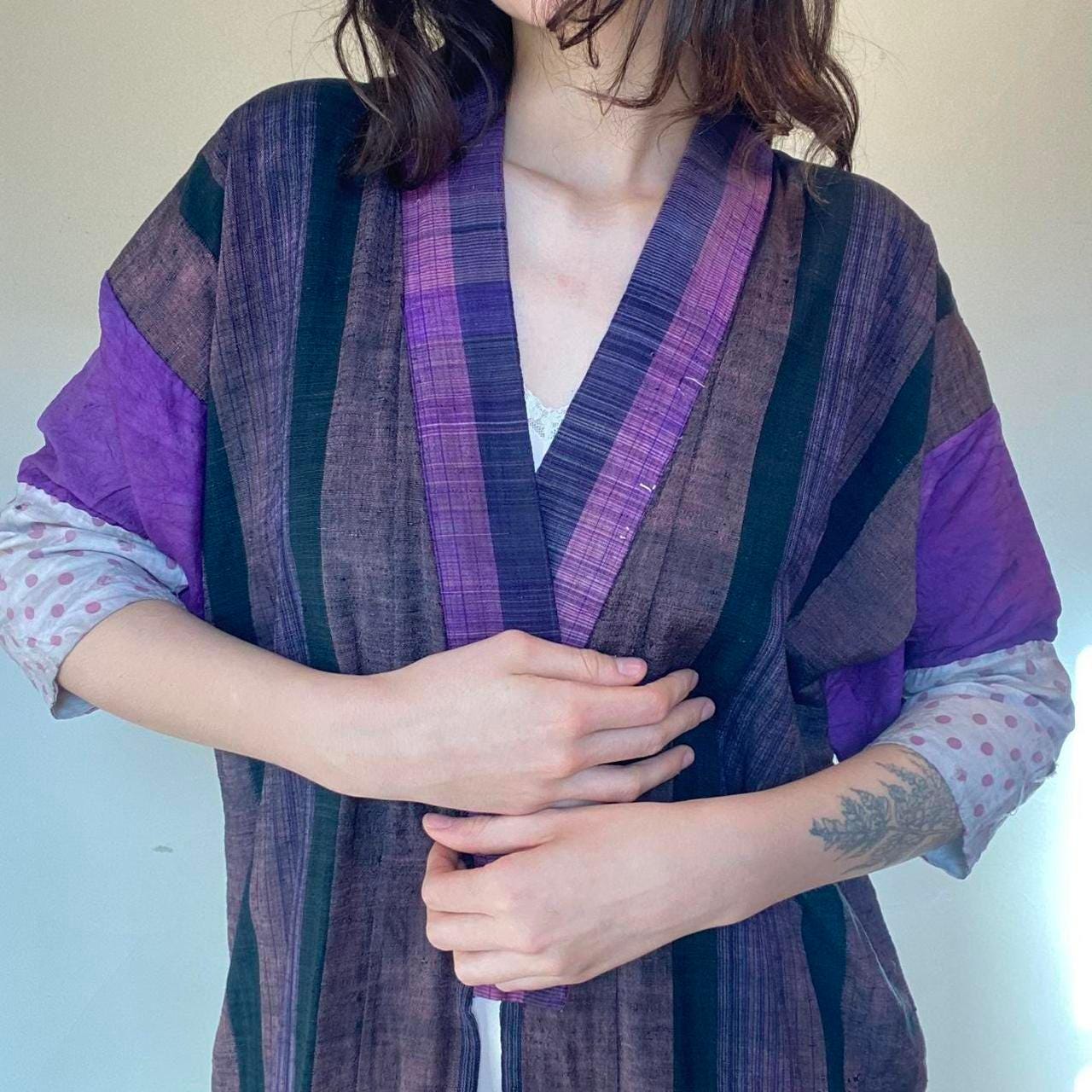 1930s antique purple woven silk and cotton kimono