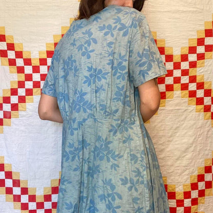 1940s overdyed blue floral paisley boho cotton shirt dress
