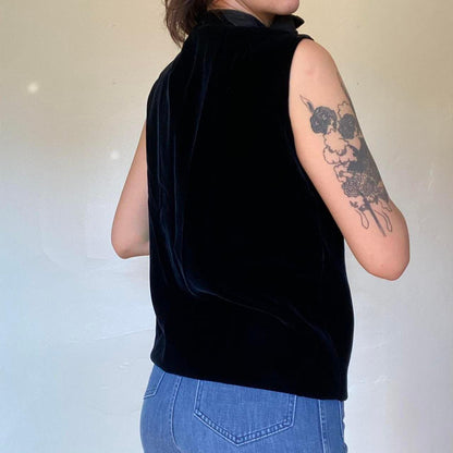 1960s vintage mod velvet button up sleeveless blouse with tie