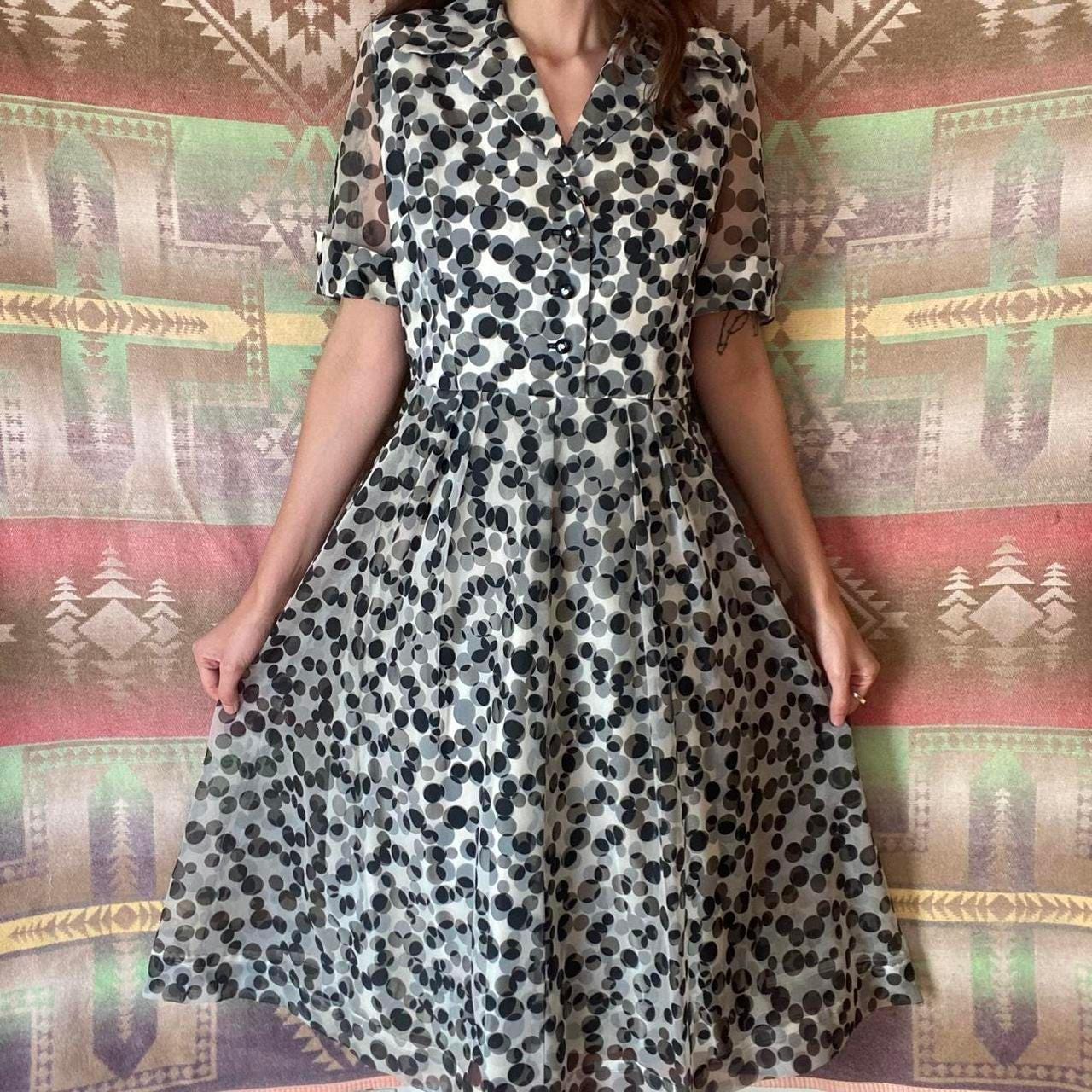 1950s rayon black and white polka dot esque patterned shirt dress