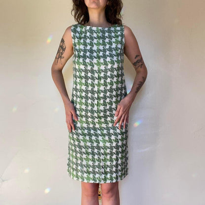 1960s mod vintage green houndstooth mini shift dress
