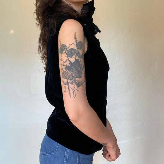 1960s vintage mod velvet button up sleeveless blouse with tie