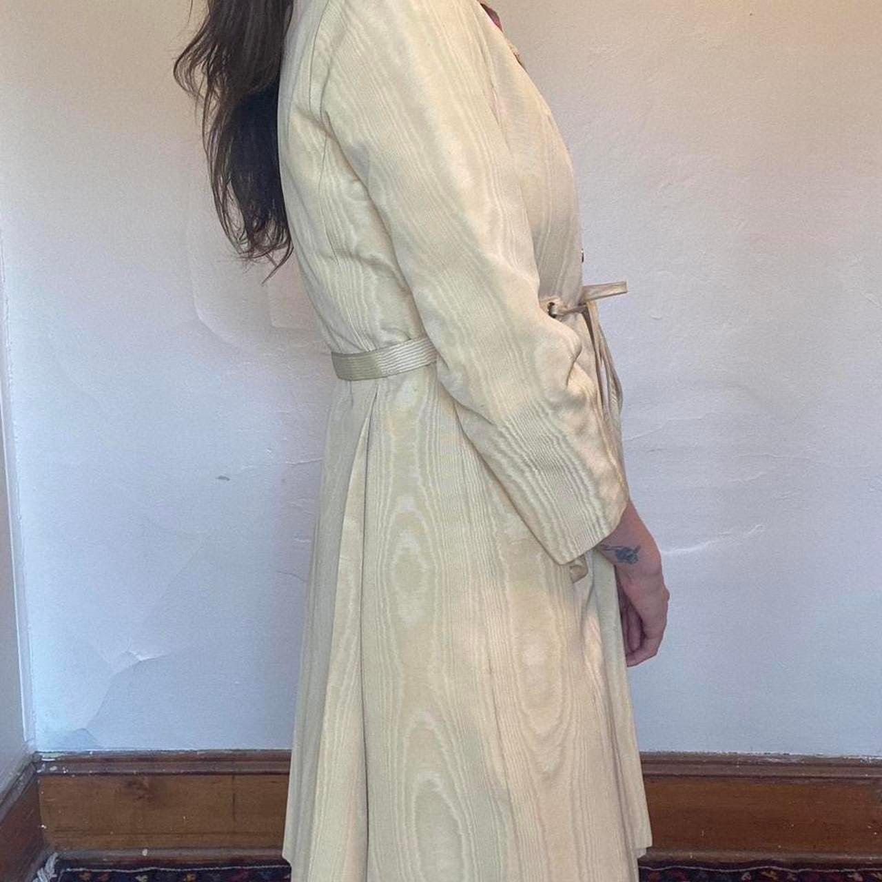 1960s union made butter yellow moire rayon trench coat and pleats on the back