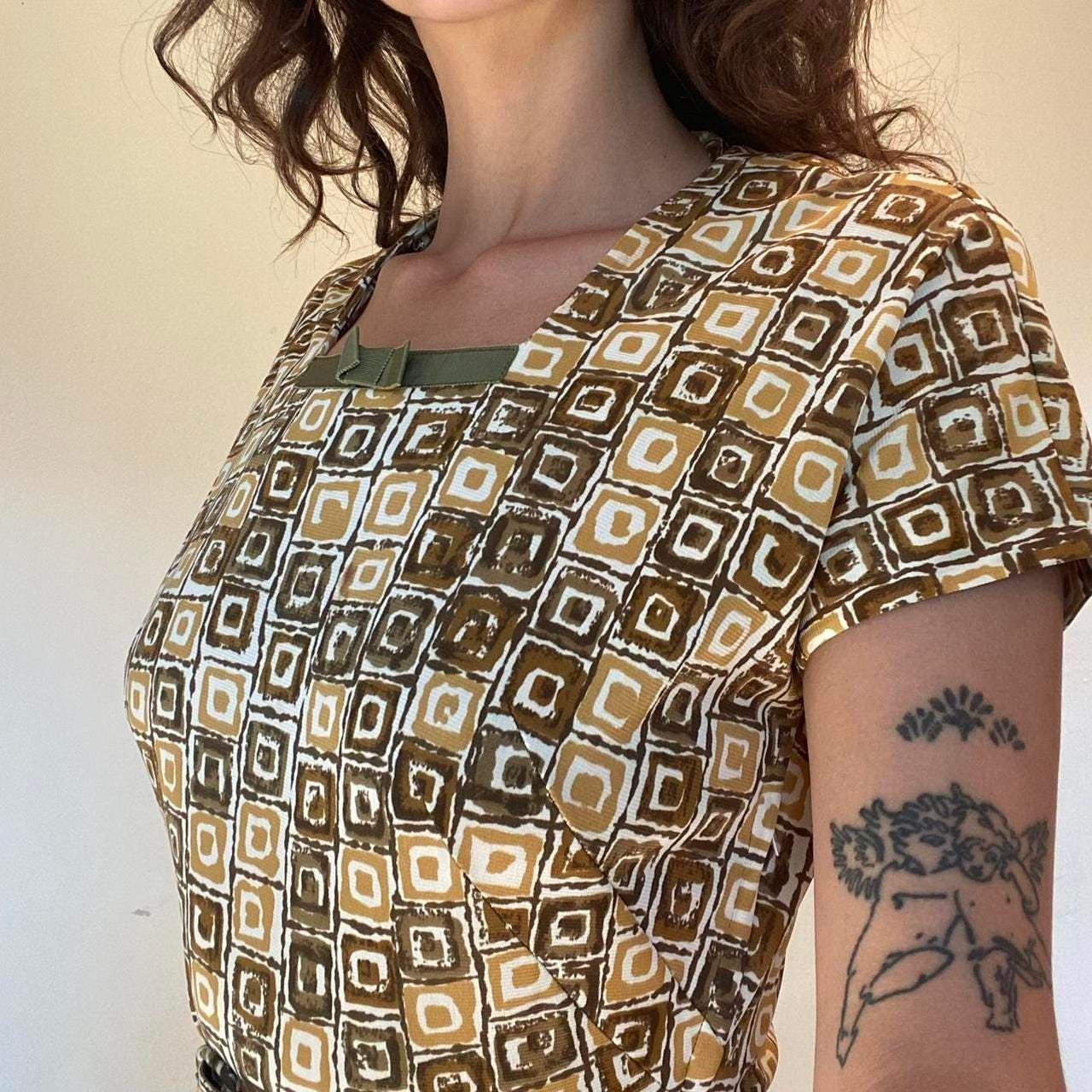 1950s nylon yellow and brown geometric square patterned fit and flare dress