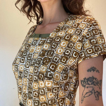 1950s nylon yellow and brown geometric square patterned fit and flare dress