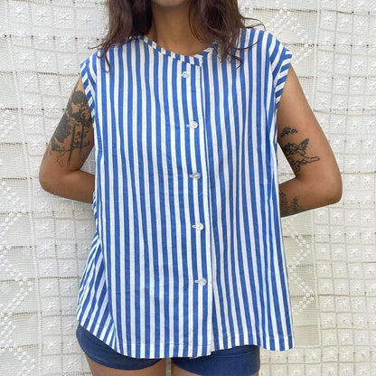 1950s cotton blue and white striped button up tank top