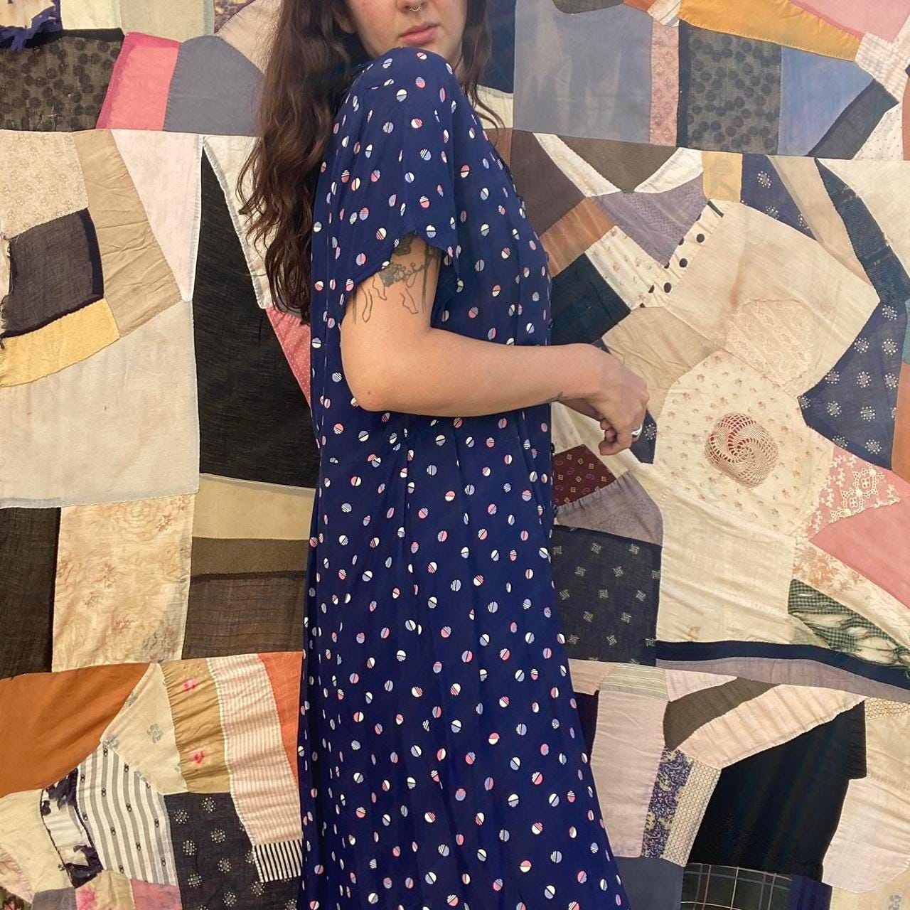 1940s rayon polka dot printed button up shirt dress