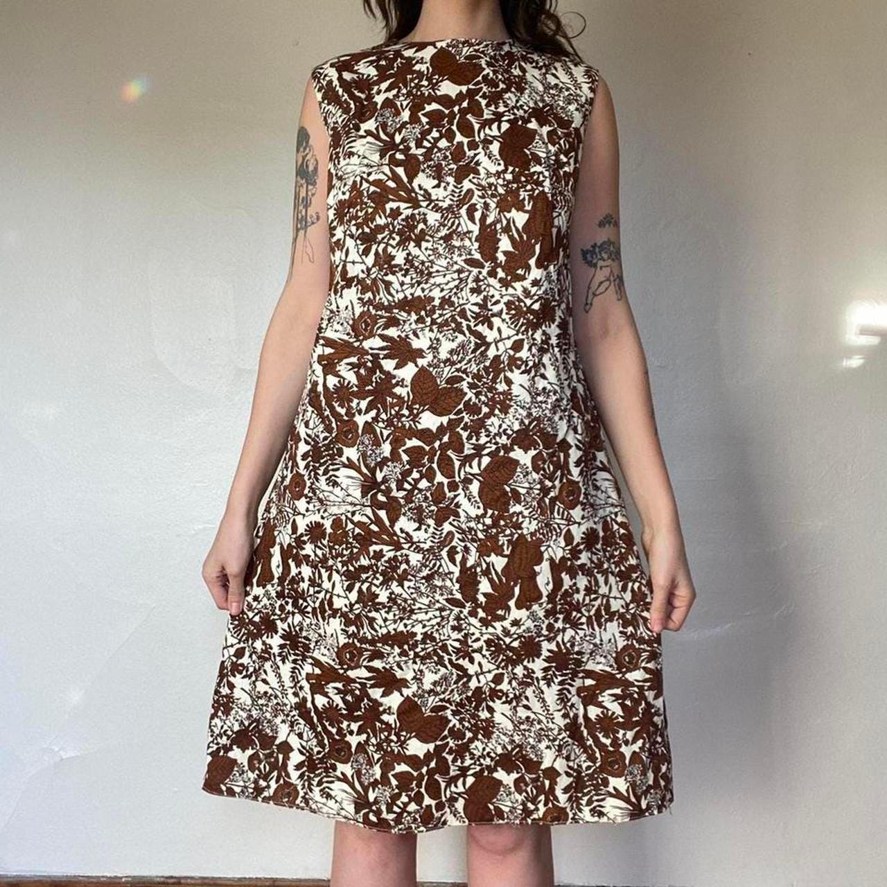 60s vintage handmade brown leaf floral dress
