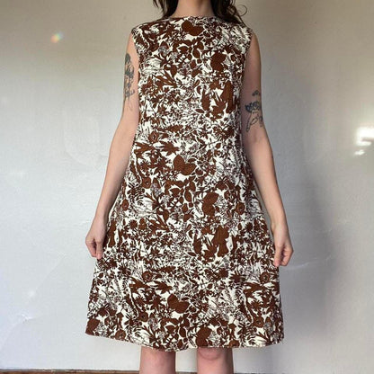 60s vintage handmade brown leaf floral dress