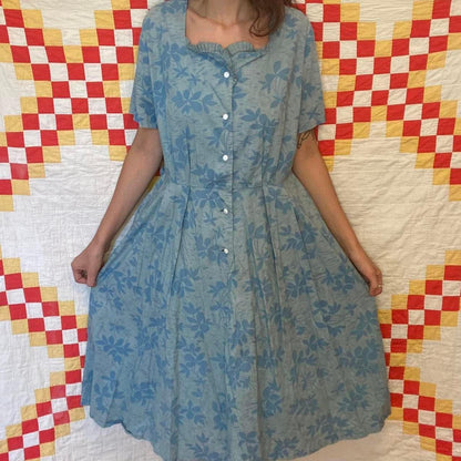 1940s overdyed blue floral paisley boho cotton shirt dress