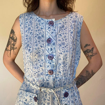 1940s/50s blue and white cotton paisley shirtwaist dress