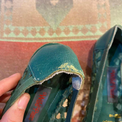 1970s green leather woven loafers