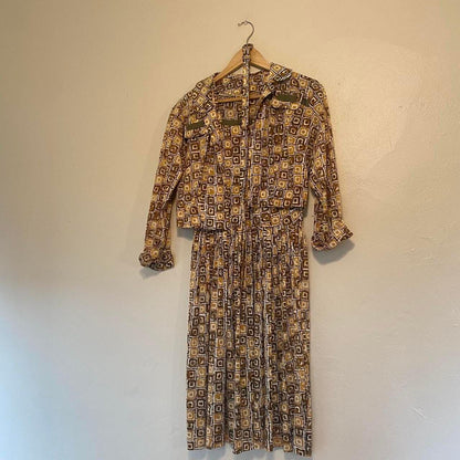 1950s nylon yellow and brown geometric square patterned fit and flare dress