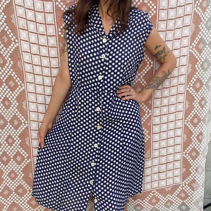 1940s rayon navy polka dot dress