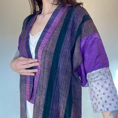 1930s antique purple woven silk and cotton kimono