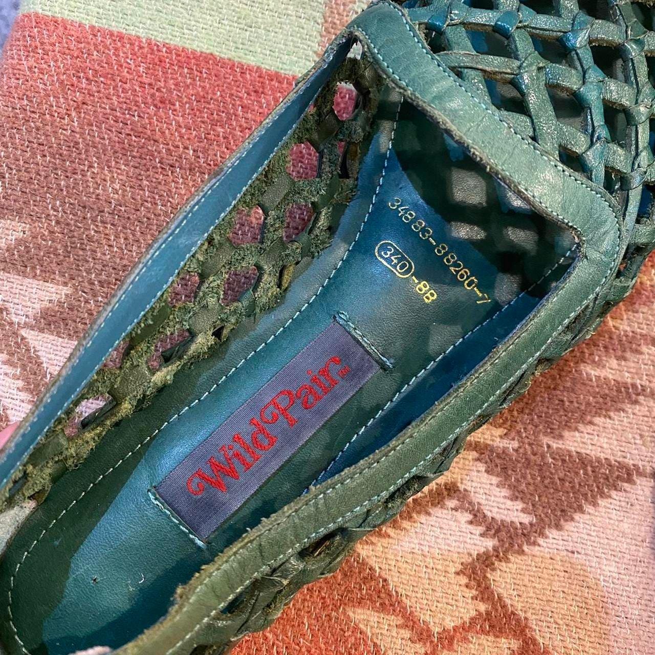 1970s green leather woven loafers