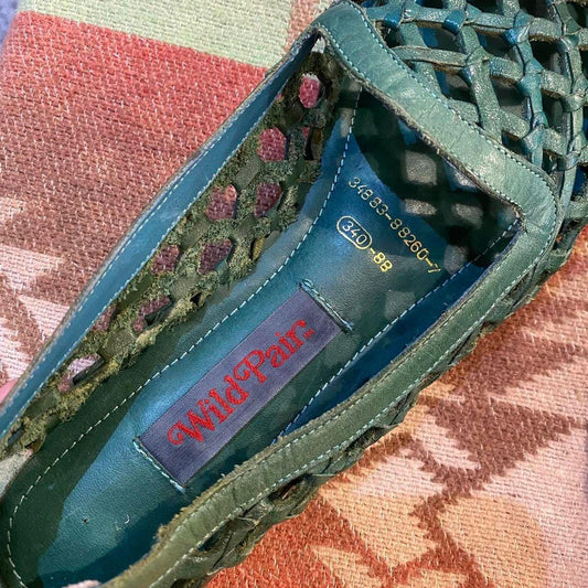 1970s green leather woven loafers