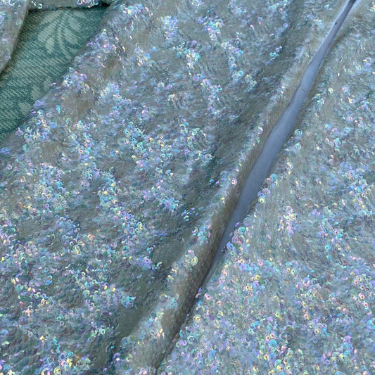 1950s white sequin encrusted cardigan, lined with rayon and hook and eye closure