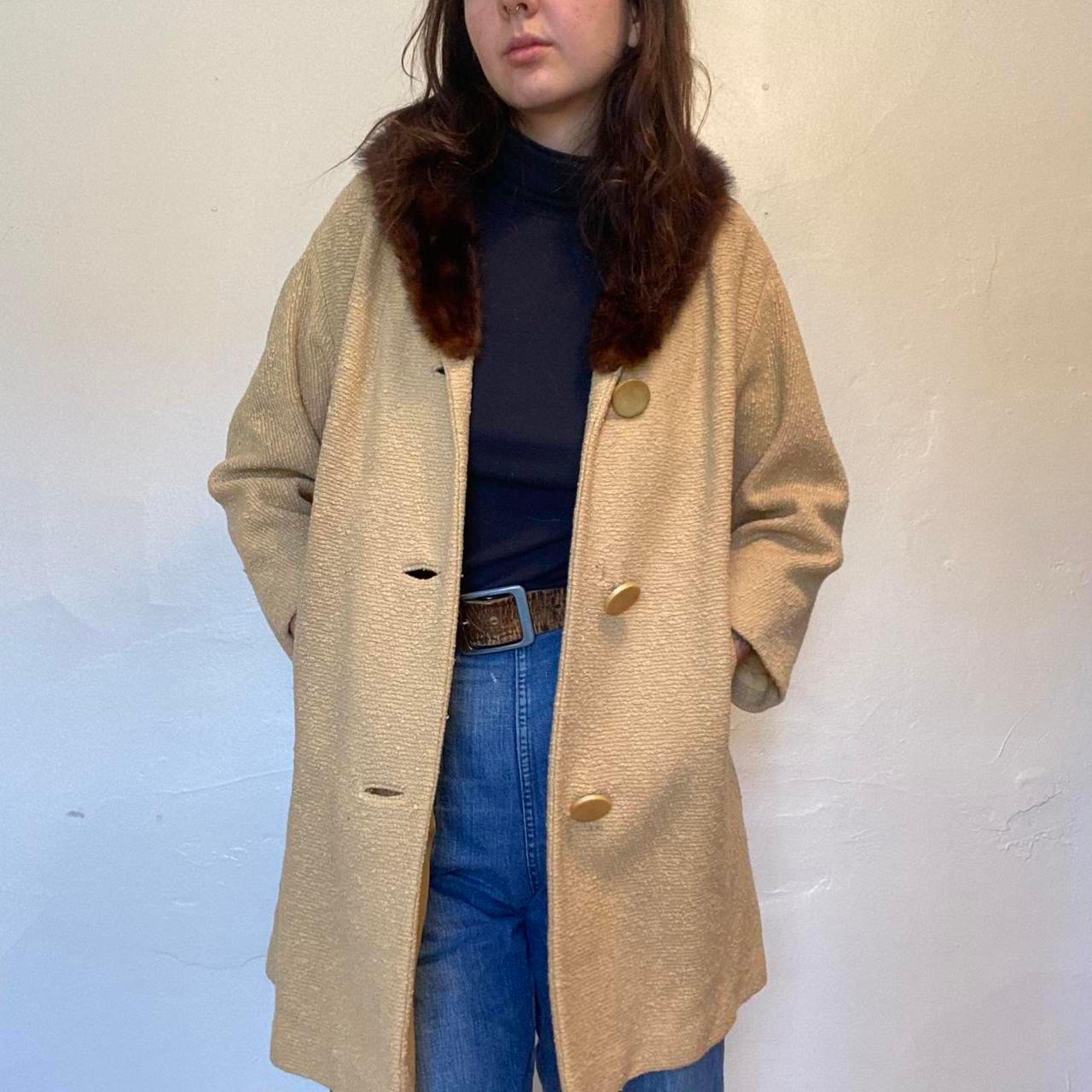 1950s vintage cotton tan chenille pea coat with real mink fur collar