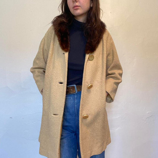 1950s vintage cotton tan chenille pea coat with real mink fur collar